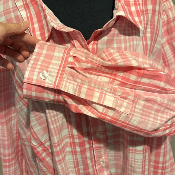 Woman Within pink/white plaid button front long cuffed sleeve shirt. 2X, 26/28. - Picture 2 of 5